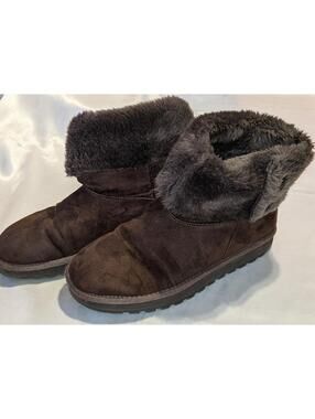 Vintage Skechers Womens Brown Suede Faux Fur Lined Foldover Button Boots Size 10